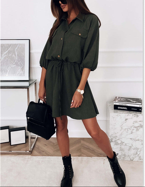 Robe à revers, couleur unie, manches trois-quarts, cordon de serrage