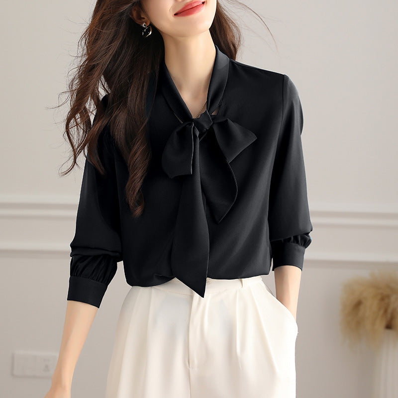 Chemise à manches longues en satin acétate avec nœud