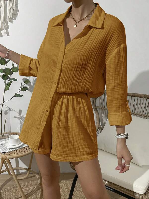 Ensemble deux pièces décontracté, chemise de couleur unie et short