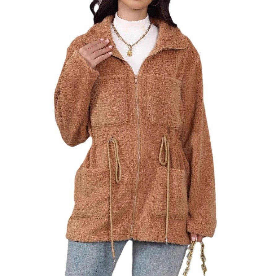 A fur-lined coat with pockets.