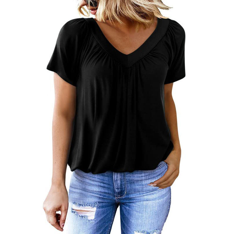 T-shirt à manches courtes et col en V pour femme