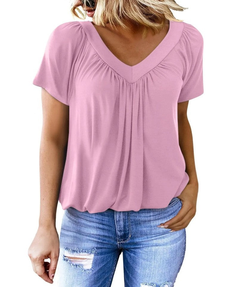 T-shirt à manches courtes et col en V pour femme
