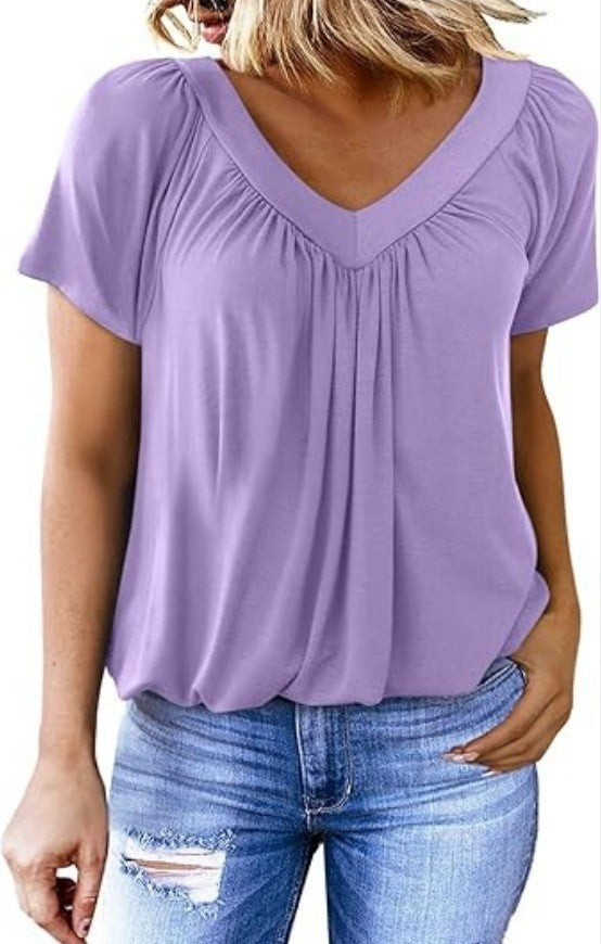 T-shirt à manches courtes et col en V pour femme