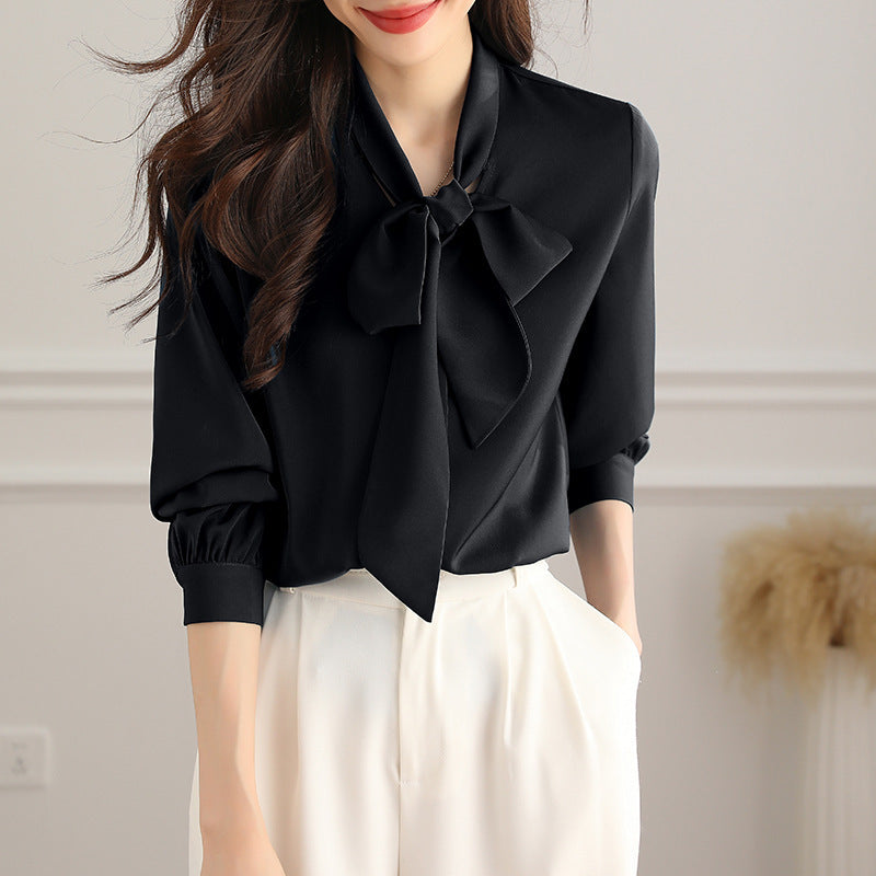 Chemise à manches longues en satin acétate avec nœud