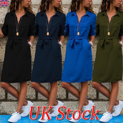 Robe à manches de couleur unie avec col à revers