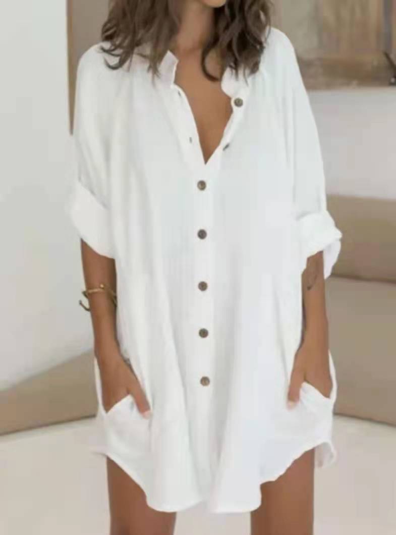 Chemise mi-longue à manches longues et couleur unie pour femme