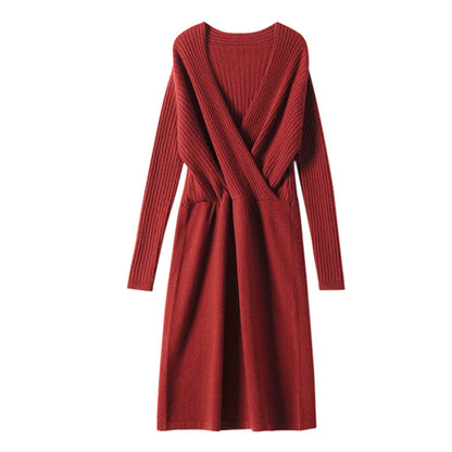 Cashmere V-neck Mid-length Wool Dress