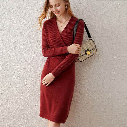 Cashmere V-neck Mid-length Wool Dress