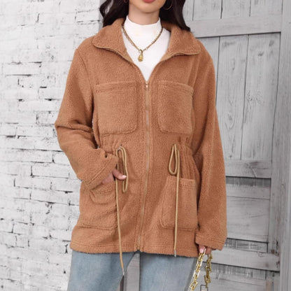 A fur-lined coat with pockets.