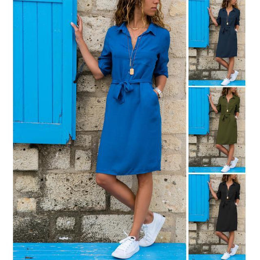 Robe à manches de couleur unie avec col à revers