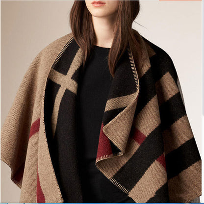 New color-blocking checkered cashmere cloak