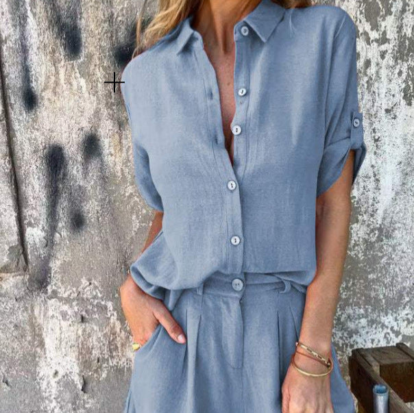 Ensemble short décontracté à manches courtes en coton et lin pour femme