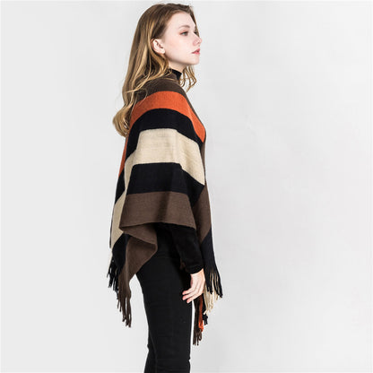 Striped fringed head with cashmere shawl
