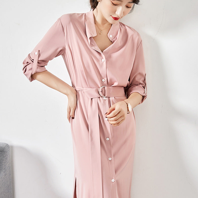 Robe chemise à ceinture et jupe fendue sur le côté pour femme