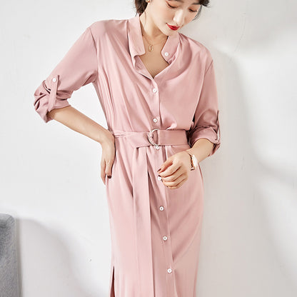 Robe chemise à ceinture et jupe fendue sur le côté pour femme