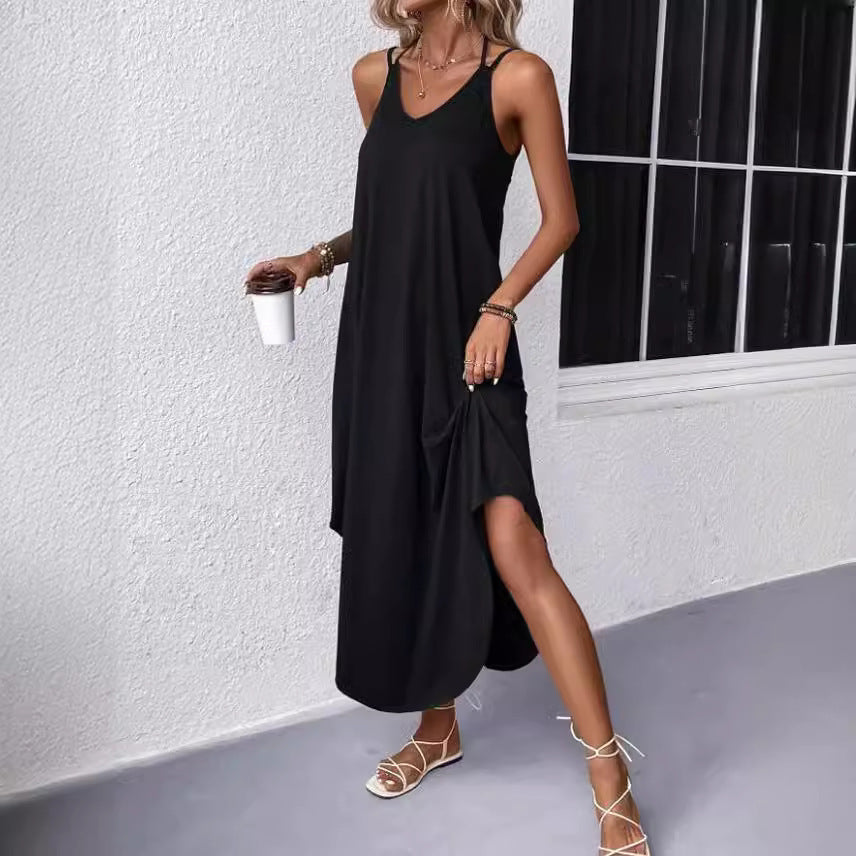 Robe d'été unie à col en V et dos nu