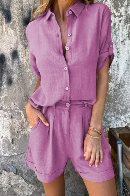 Ensemble short décontracté à manches courtes en coton et lin pour femme