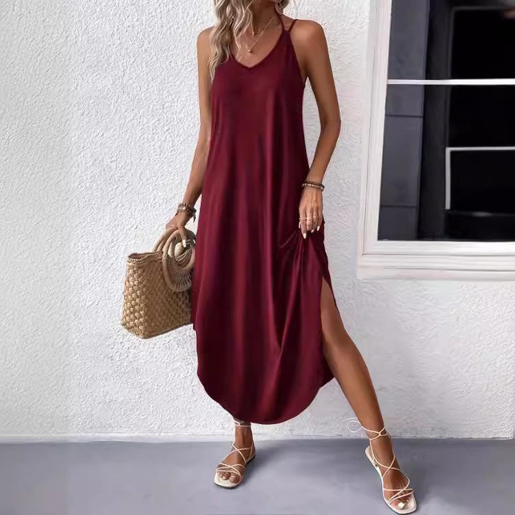 Robe d'été unie à col en V et dos nu