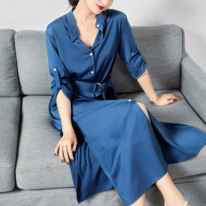 Robe chemise à ceinture et jupe fendue sur le côté pour femme