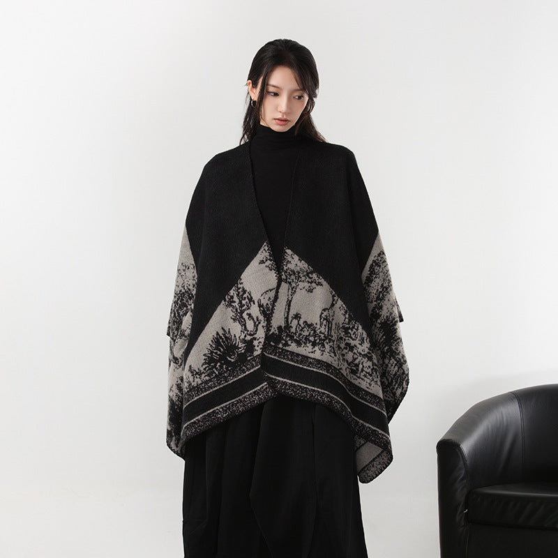 Simple Cashmere Dark Style Split Cloak Warm