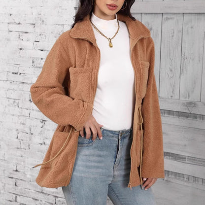 A fur-lined coat with pockets.