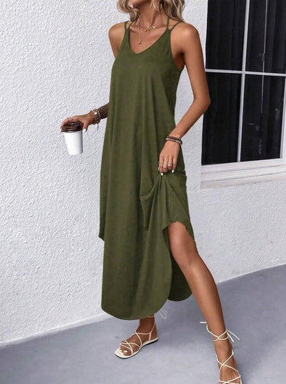Robe d'été unie à col en V et dos nu
