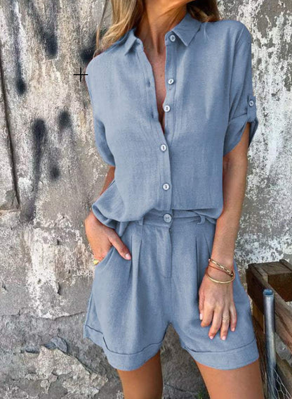 Ensemble short décontracté à manches courtes en coton et lin pour femme