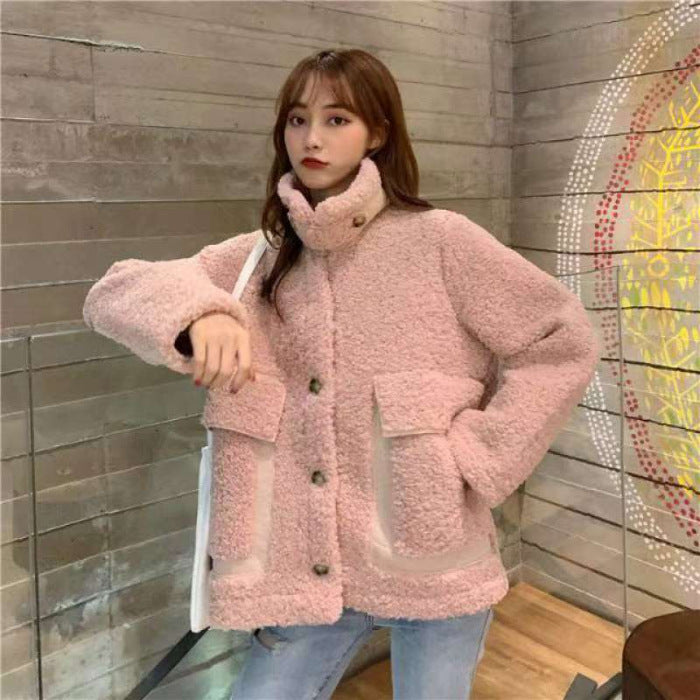 Korean Style Warm Thickened Design Autumn And Winter Faux Lamb Coat For Women