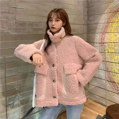 Korean Style Warm Thickened Design Autumn And Winter Faux Lamb Coat For Women