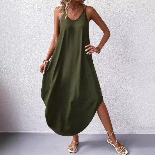 Robe d'été unie à col en V et dos nu