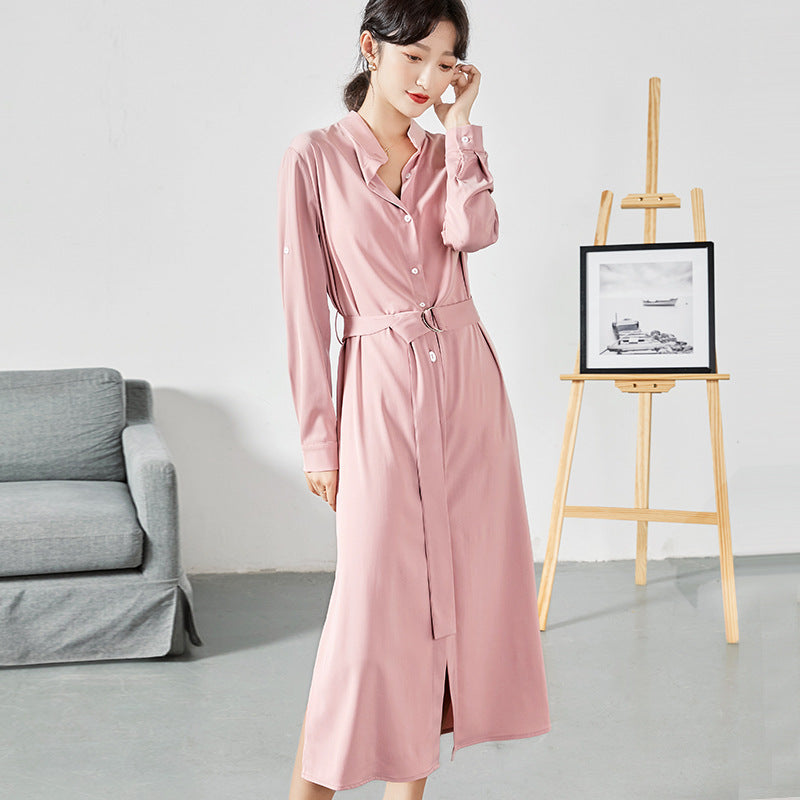 Robe chemise à ceinture et jupe fendue sur le côté pour femme