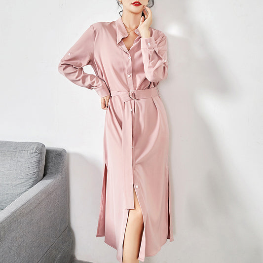 Robe chemise à ceinture et jupe fendue sur le côté pour femme