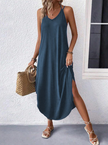 Robe d'été unie à col en V et dos nu