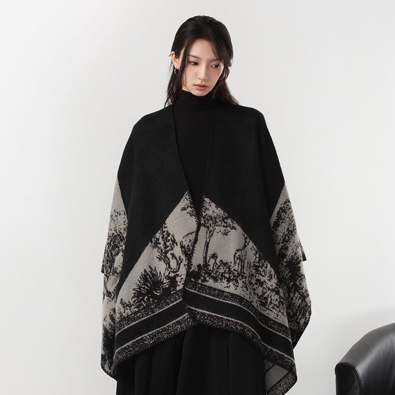 Simple Cashmere Dark Style Split Cloak Warm
