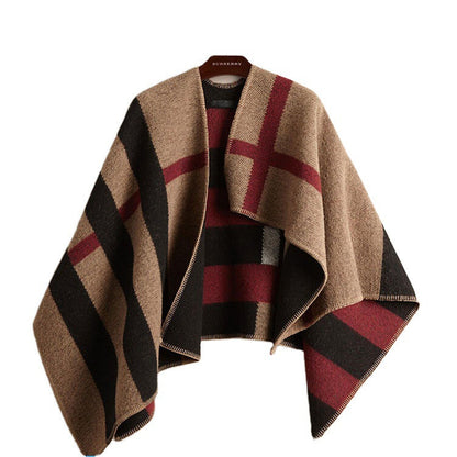New color-blocking checkered cashmere cloak