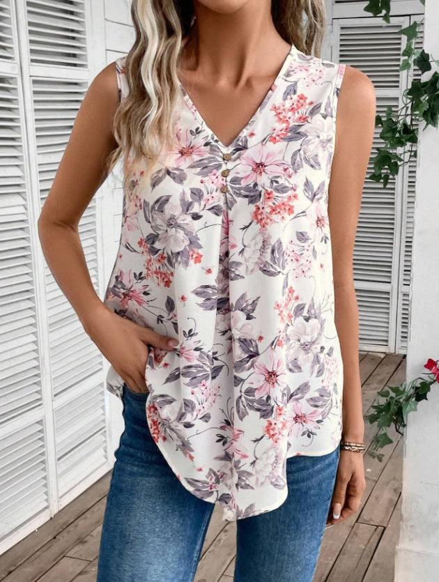 T-shirt d'été décontracté sans manches à col en V pour femme
