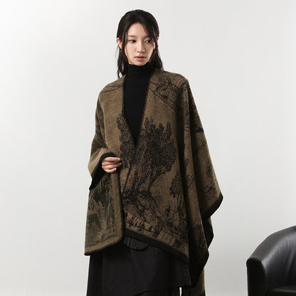 Simple Cashmere Dark Style Split Cloak Warm