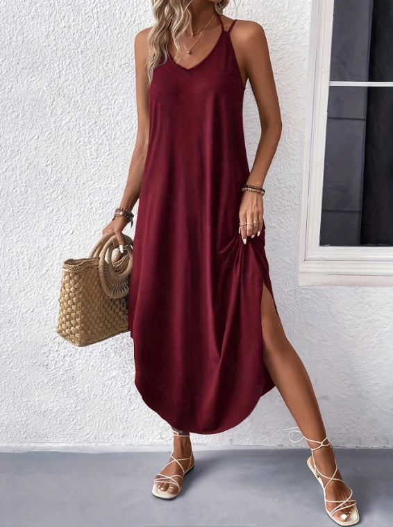 Robe d'été unie à col en V et dos nu