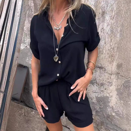 Ensemble short décontracté à manches courtes en coton et lin pour femme