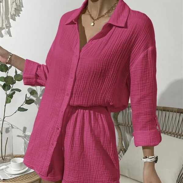 Ensemble deux pièces décontracté, chemise de couleur unie et short