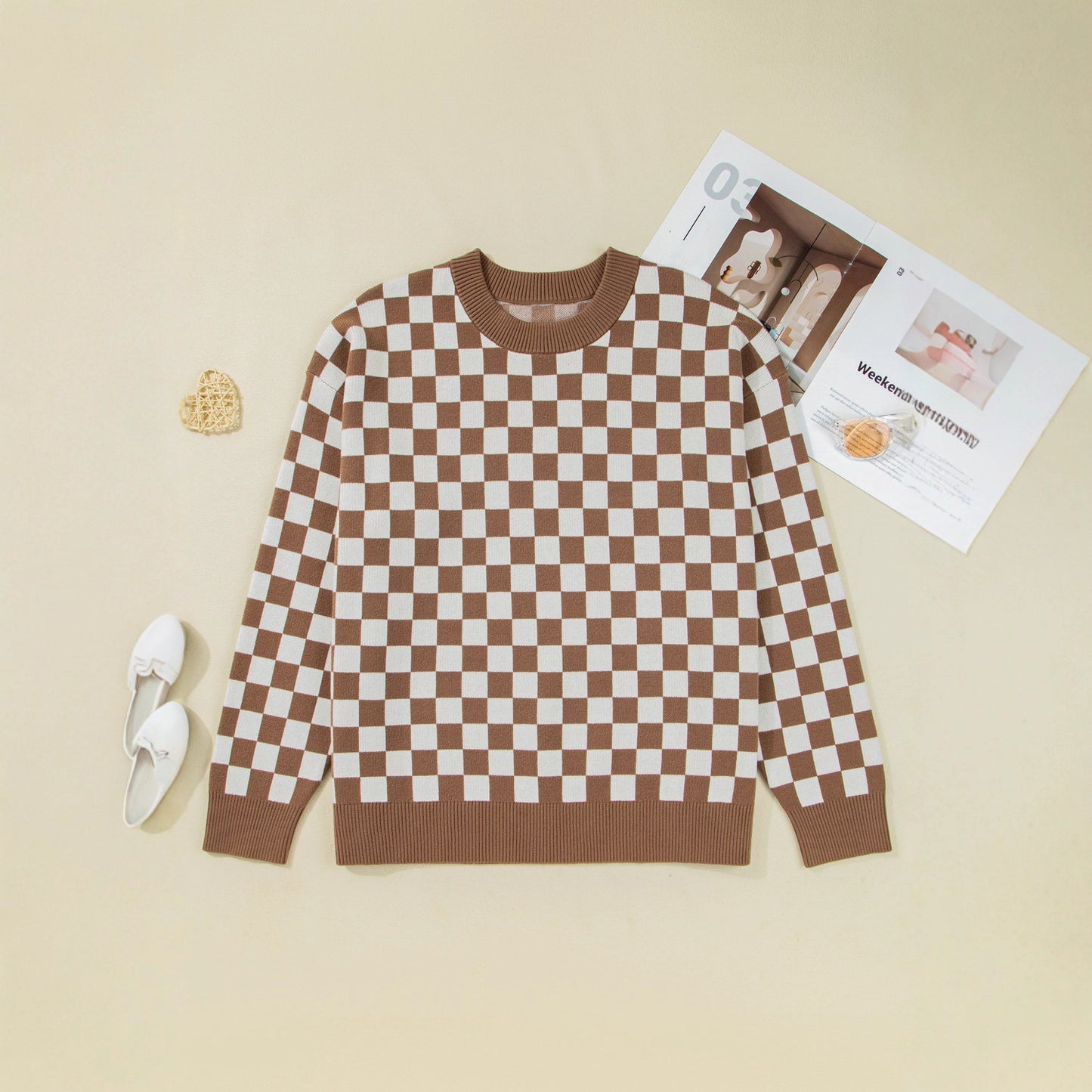 Women's Large Size Plaid Contrast Color Sweater