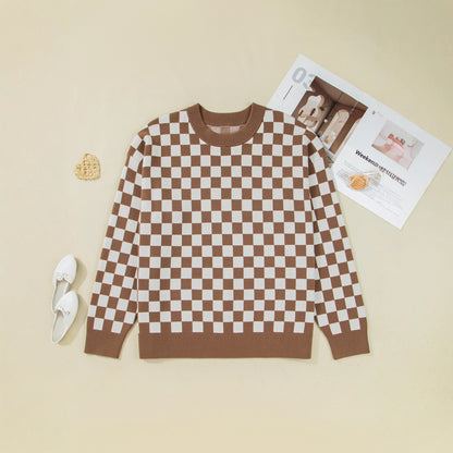 Women's Large Size Plaid Contrast Color Sweater