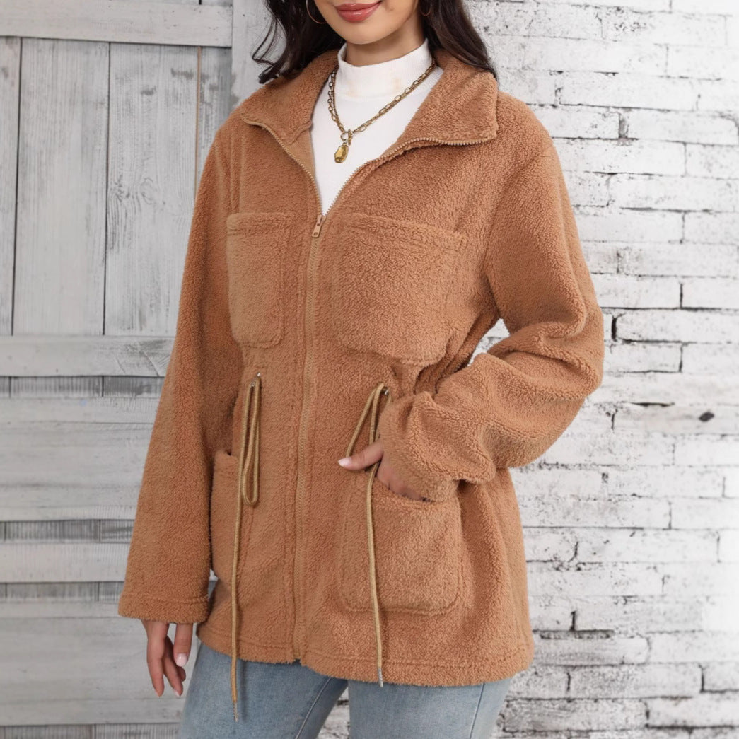 A fur-lined coat with pockets.