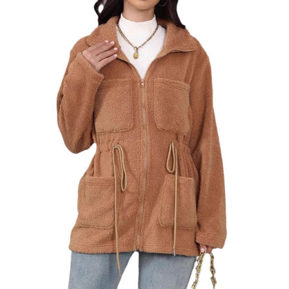 A fur-lined coat with pockets.