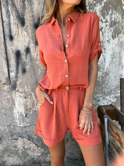 Ensemble short décontracté à manches courtes en coton et lin pour femme
