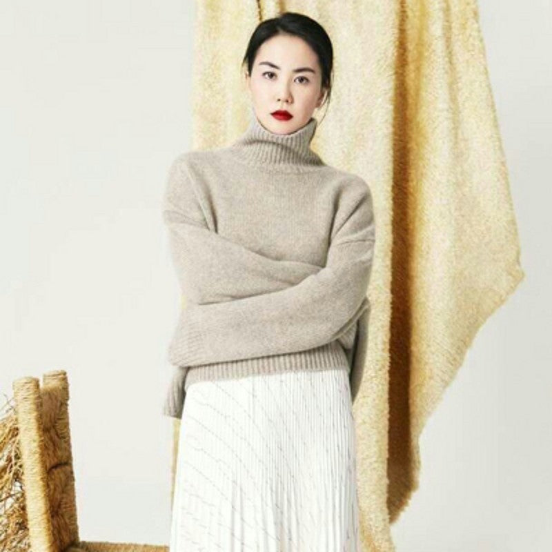 Women's short pullover lazy turtleneck cashmere sweater