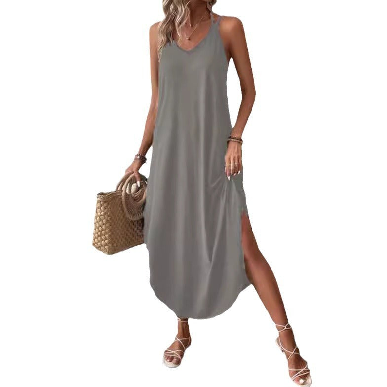 Robe d'été unie à col en V et dos nu