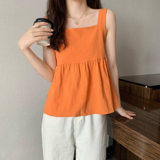 Chemise d'été à manches courtes et col carré de couleur unie