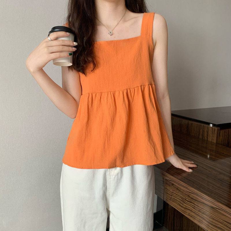 Chemise d'été à manches courtes et col carré de couleur unie