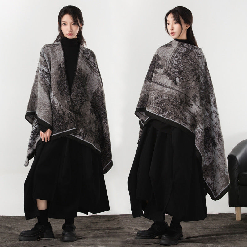 Simple Cashmere Dark Style Split Cloak Warm